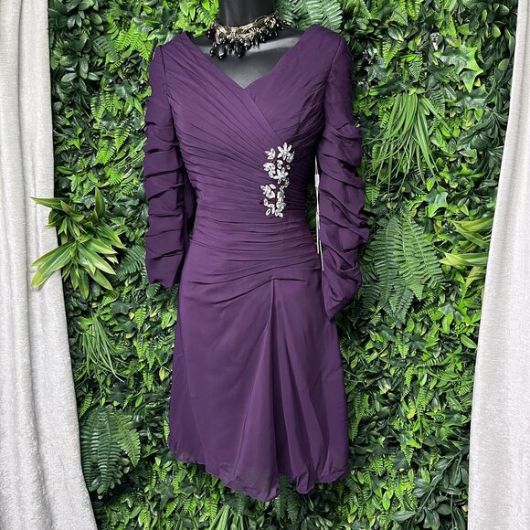 JJ's House Women Dress 6 Purple Formal Short Pleated Stoned Wedding 1658 - Picture 5 of 14